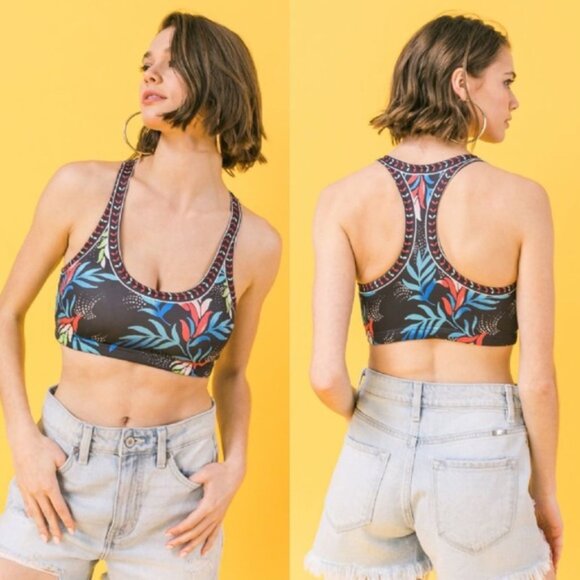 Flying Tomato | Floral Print Racerback Sports Bra Black Navy Blue New Large - Picture 1 of 8